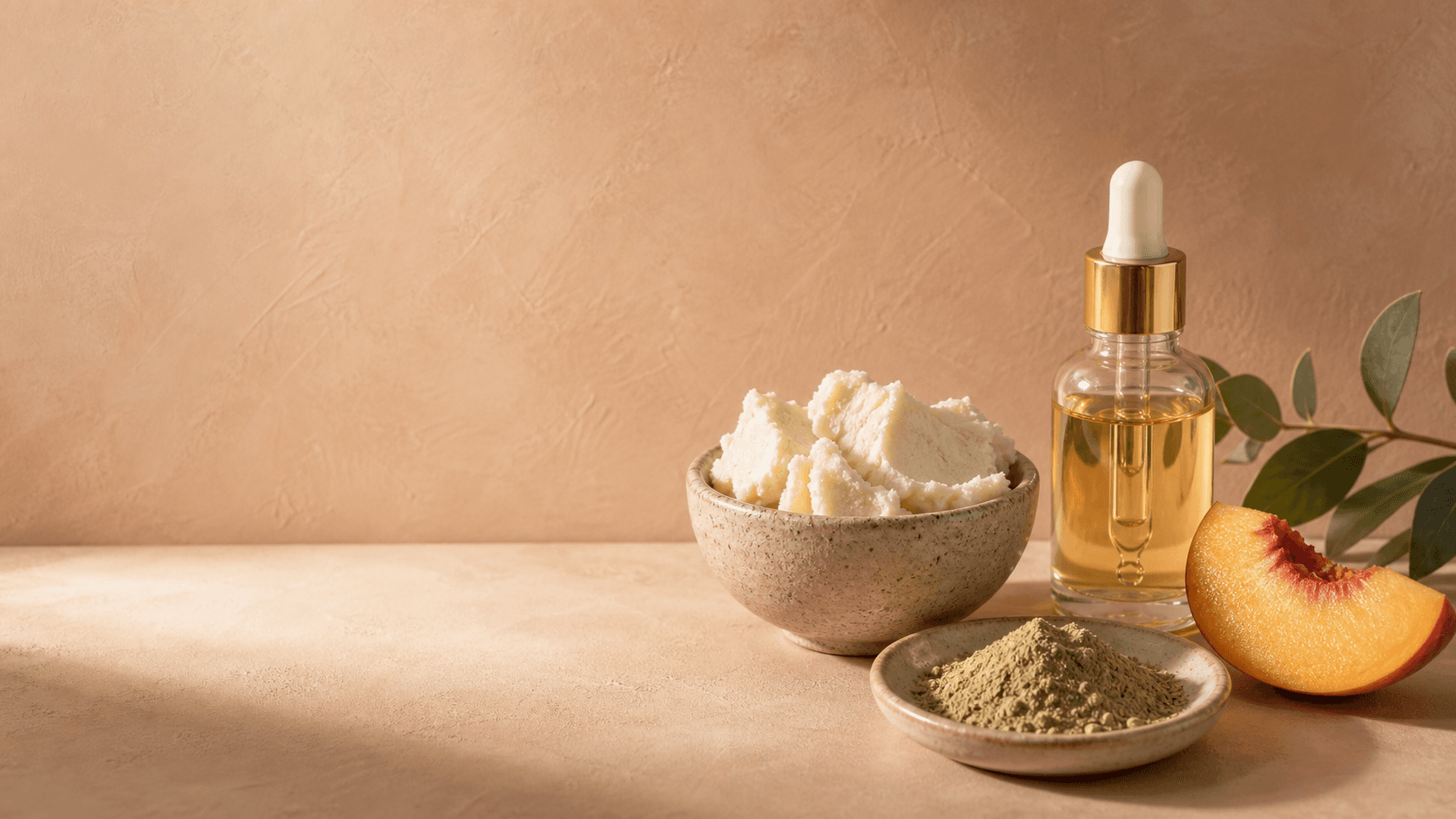 Natural skincare raw materials with shea butter, botanical powder, carrier oil, and fruit